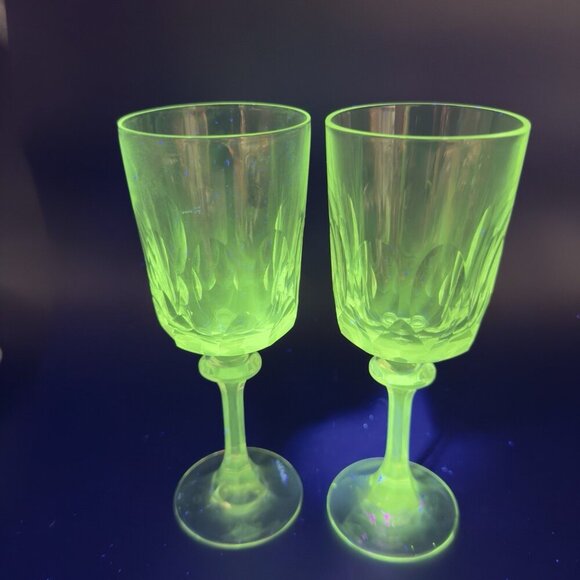 Tiffin Franciscan Atwater Stem Goblet Clear Glasses Manganese 365nm Green UV Set - Picture 2 of 15